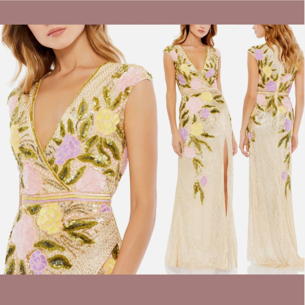 NWT Mac Duggal [ 14 ] Floral‎ Plunging Floral Beaded V-neck Gown in Yellow